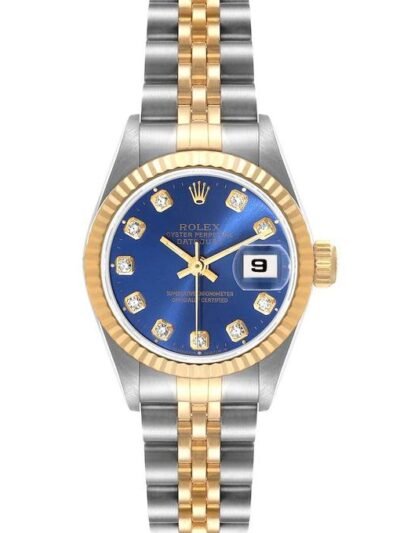 Womens Rolex Datejust 26 mm Blue Diamond Accent Dial Two Tone Jubilee Watch